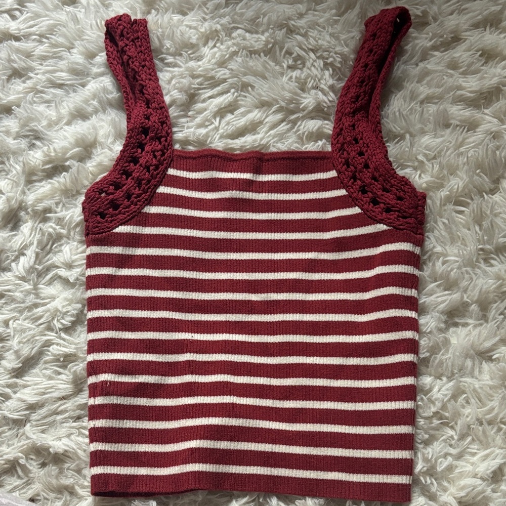Aerie Burgundy and White Striped Crochet Crop Top
